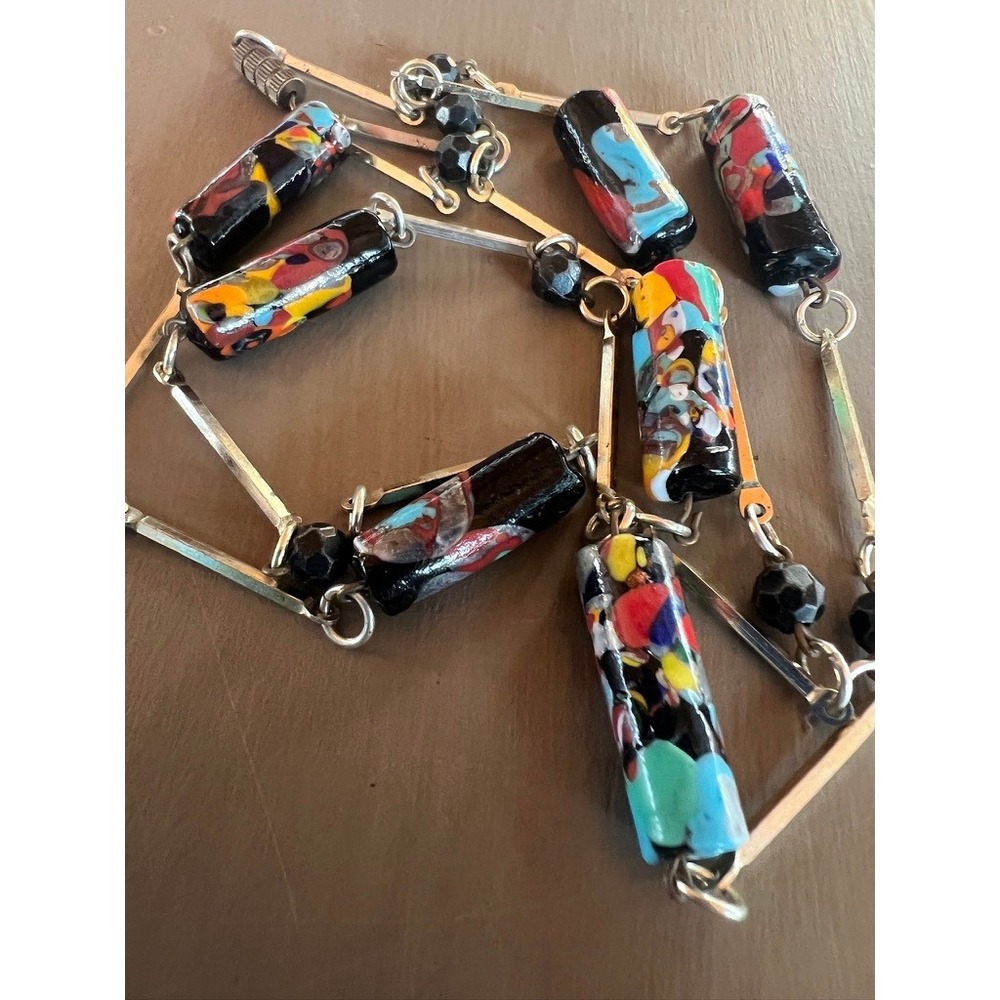 Vintage Millefiori Glass Tube Bead Necklace 22" Colorful Art Deco Artisan Chic